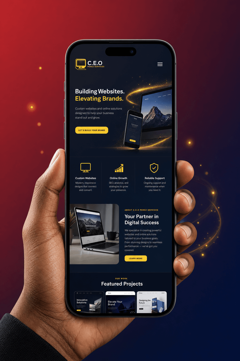 C.E.O Perez Services - professional website for small businesses displayed on a smartphone against a brand-colored background