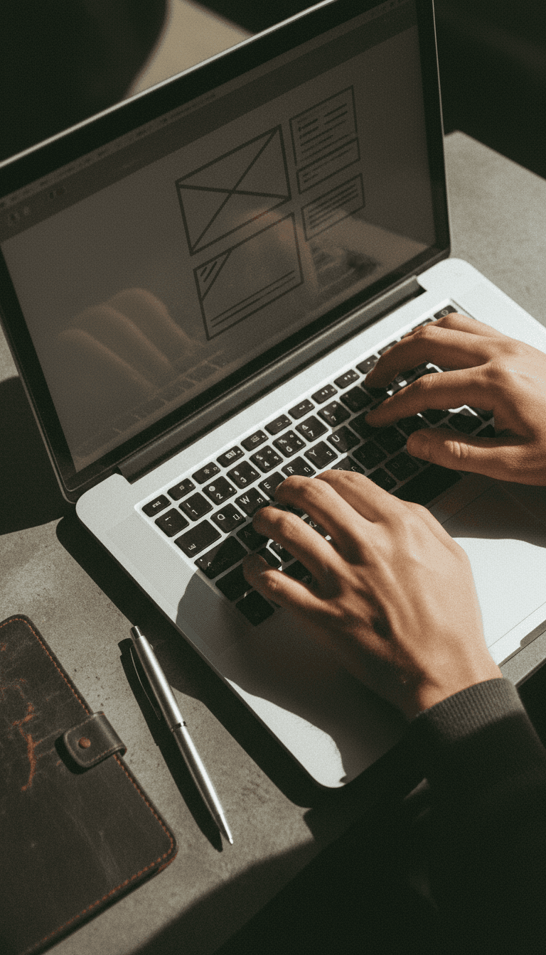 Hands typing on a laptop keyboard with website wireframe reflection