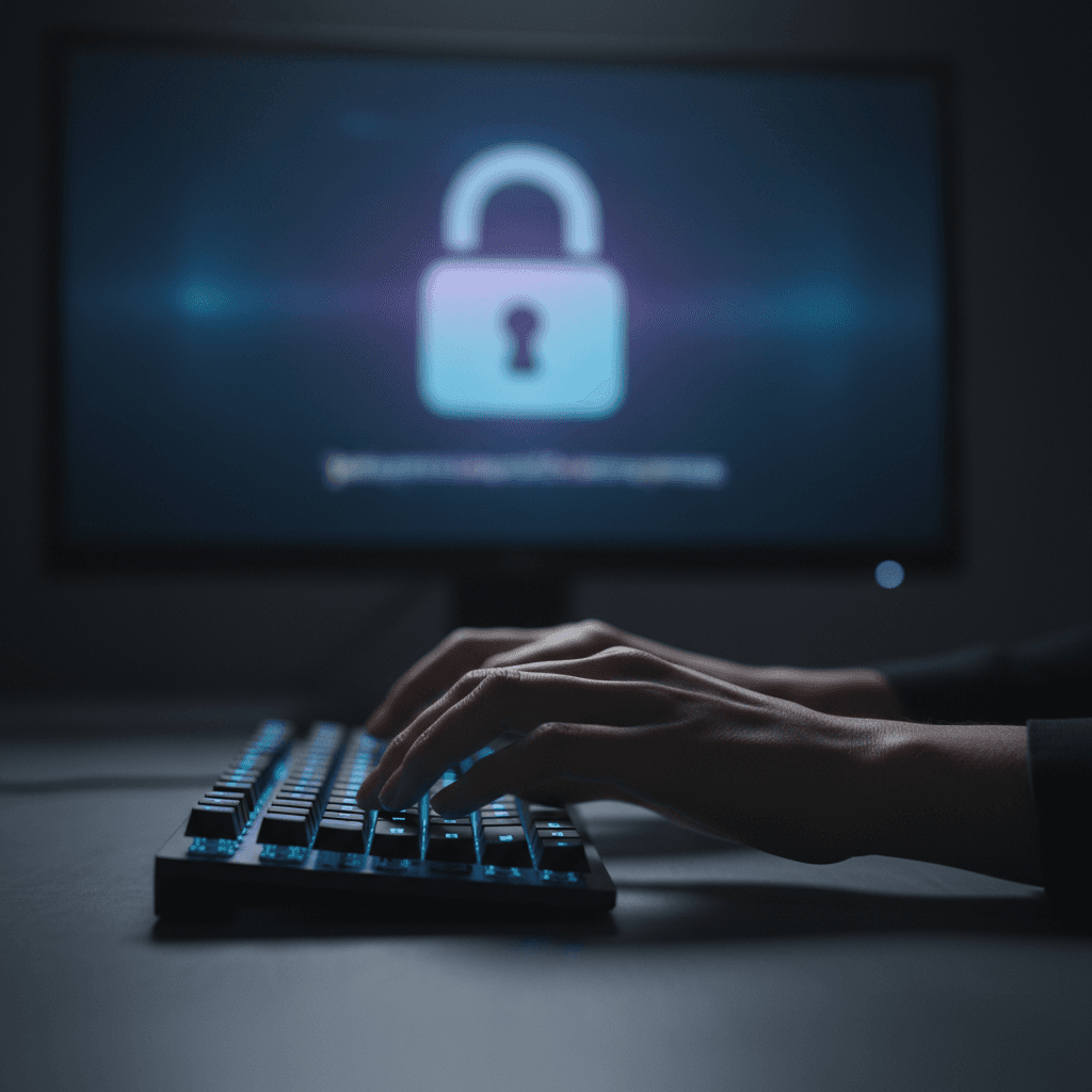 Person typing on a keyboard with a password lock overlay