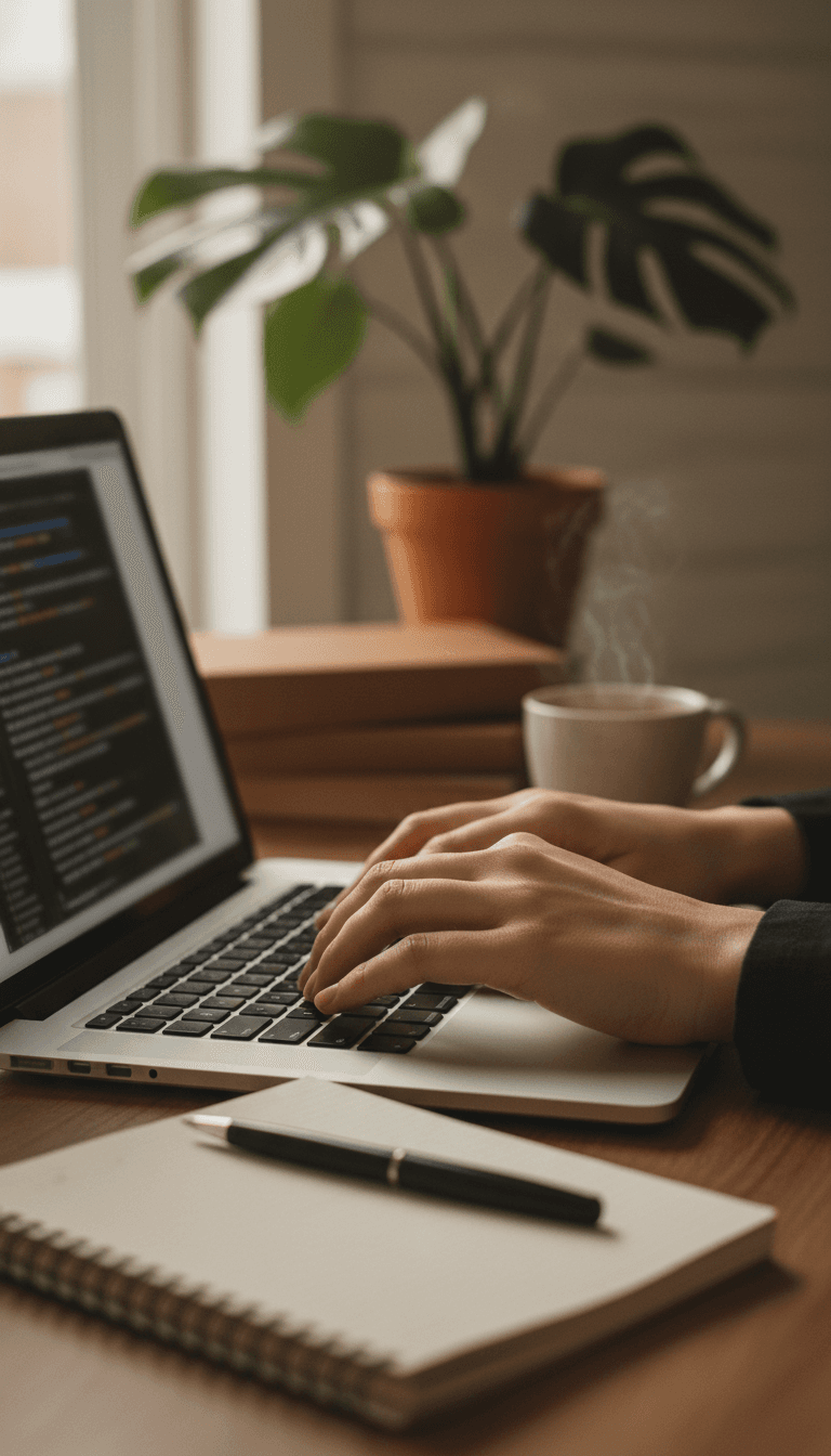 Hands typing on a laptop keyboard in a home office