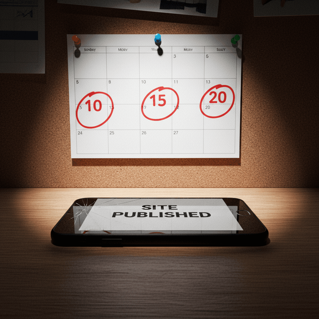 Calendar on a corkboard with circled dates and a smartphone showing a published notification below