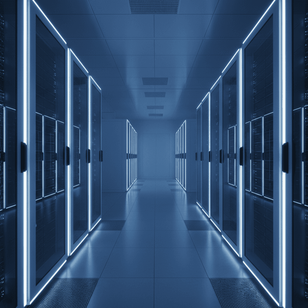 Rows of server racks in a secure data center