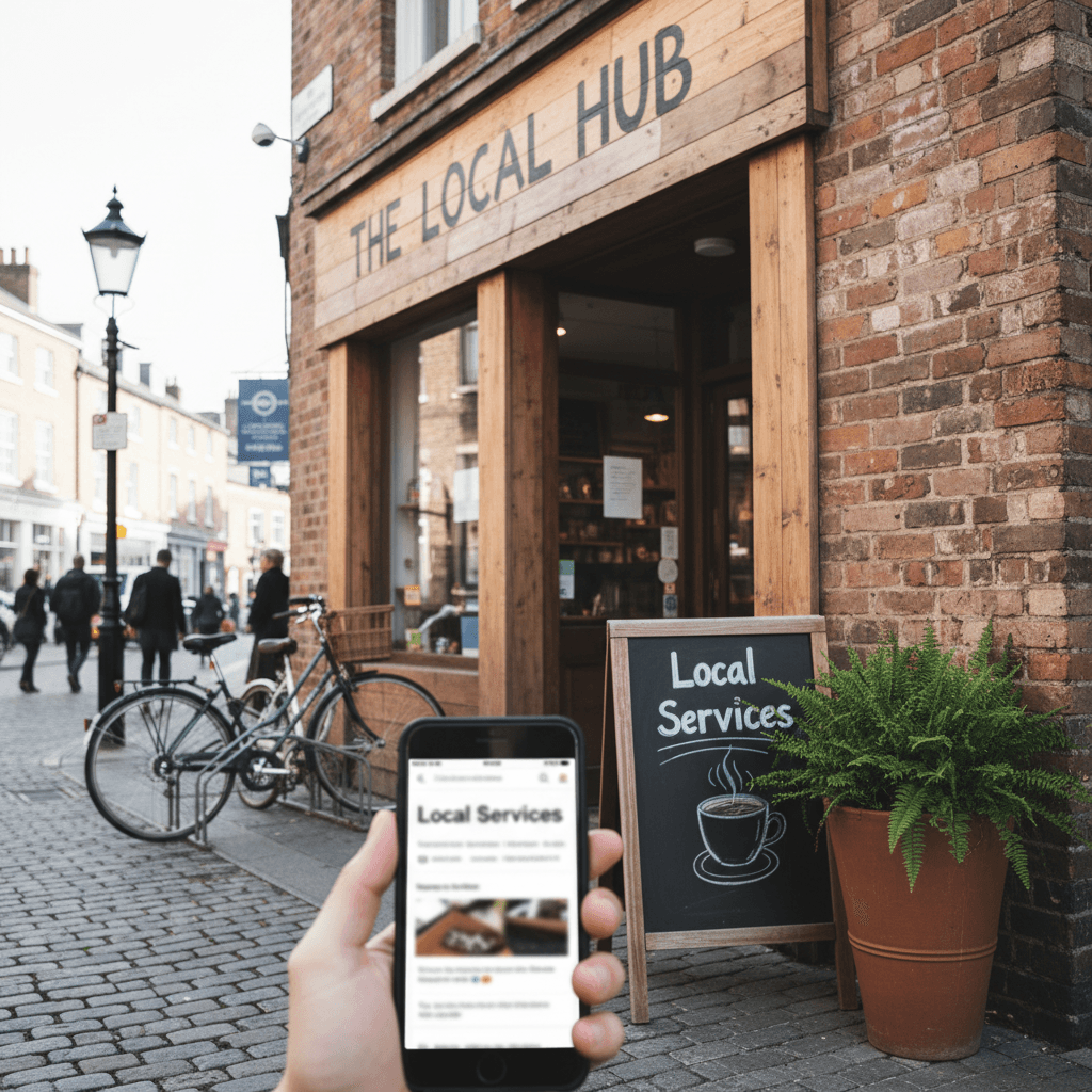 Small storefront with a smartphone showing a local search result in a customer's hand