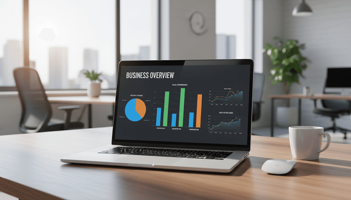 Laptop displaying analytics dashboard with charts and graphs