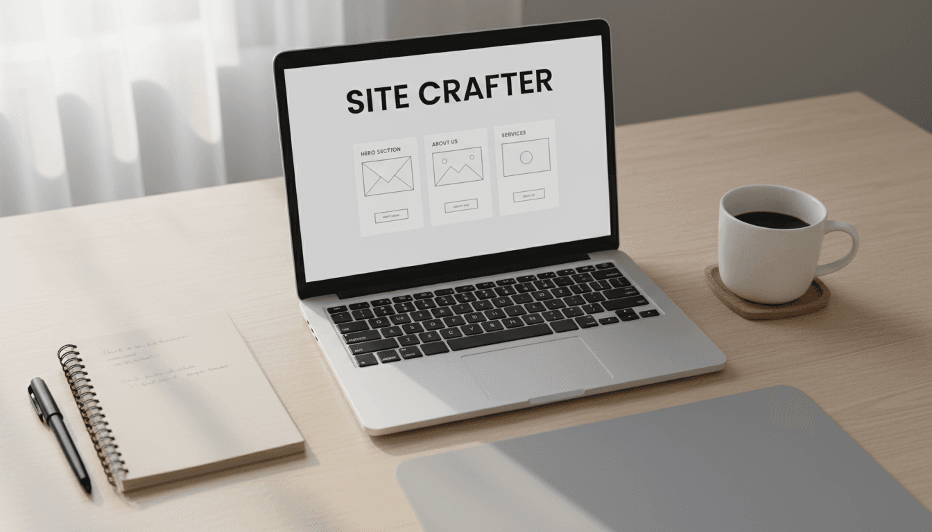 Workspace with laptop showing a website builder tool