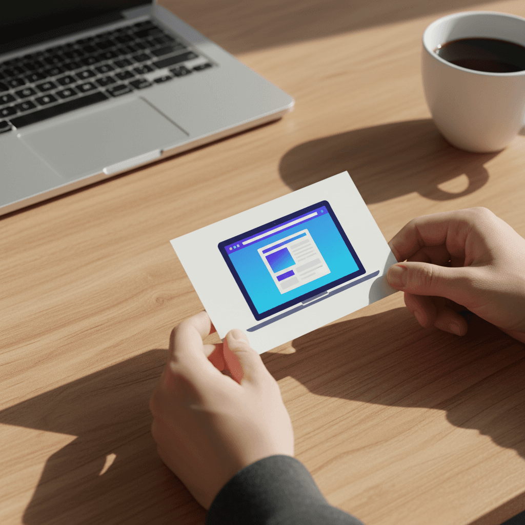 Hands placing a finished website mockup card on a desk