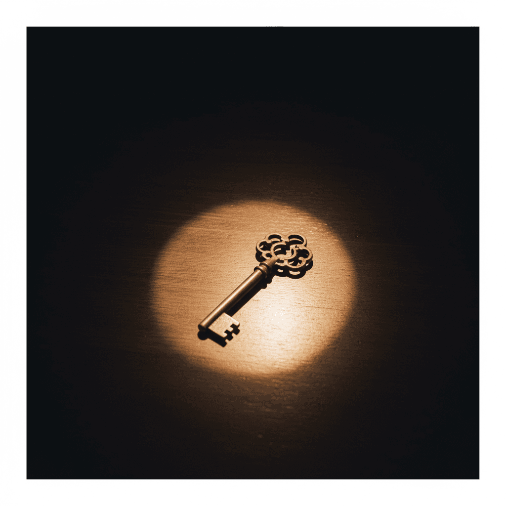 Single key on a desk in a spotlight