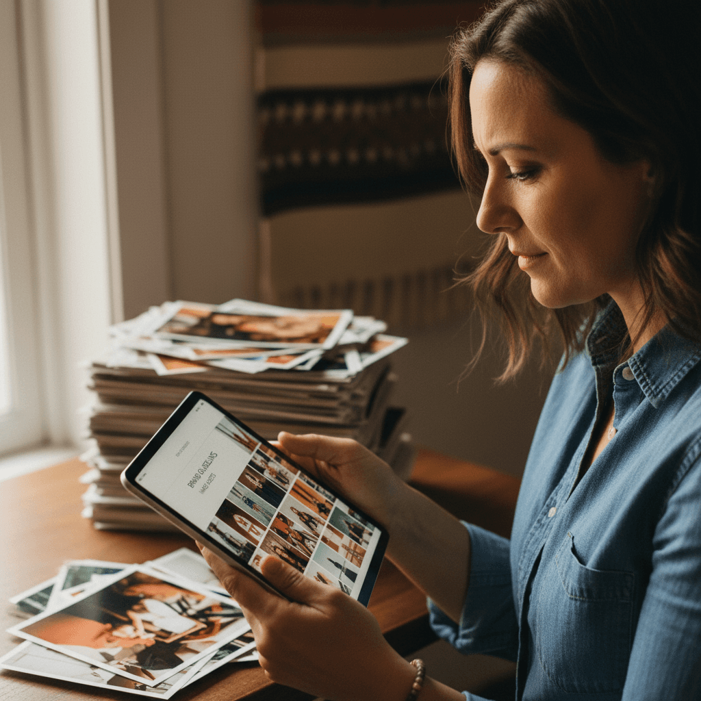 Business owner reviewing brand images on tablet