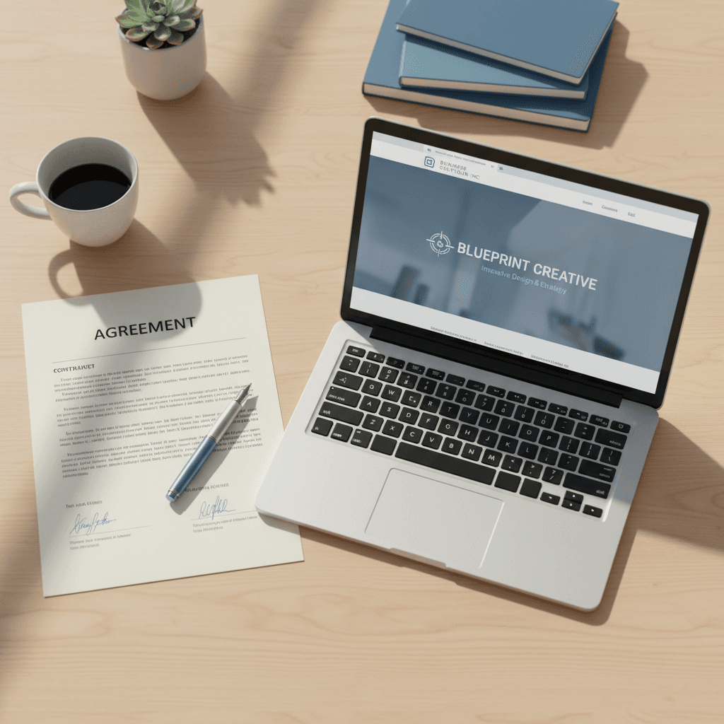 Signed contract next to laptop showing website design