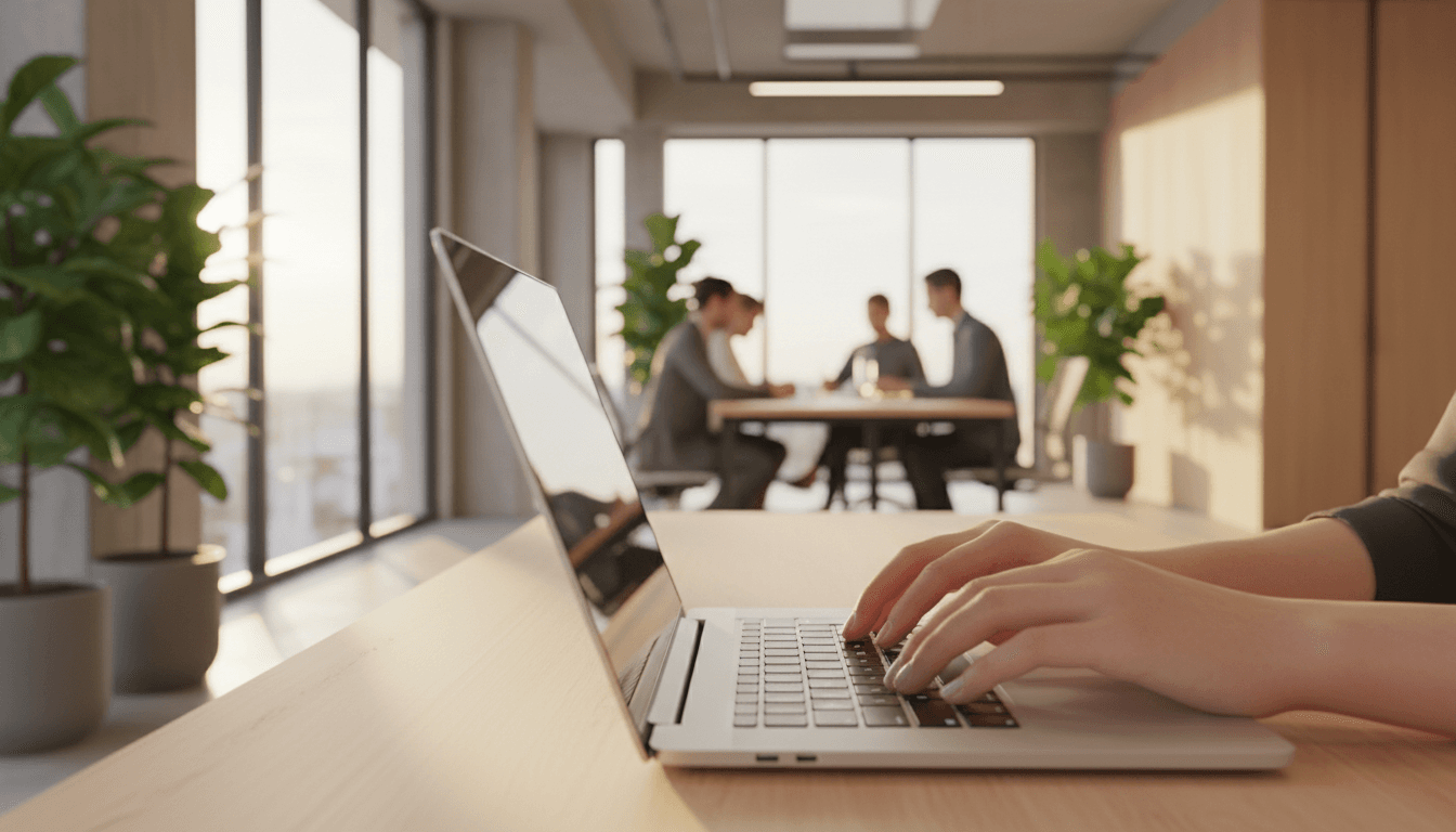 Hands typing on laptop keyboard in modern bright office with warm lighting