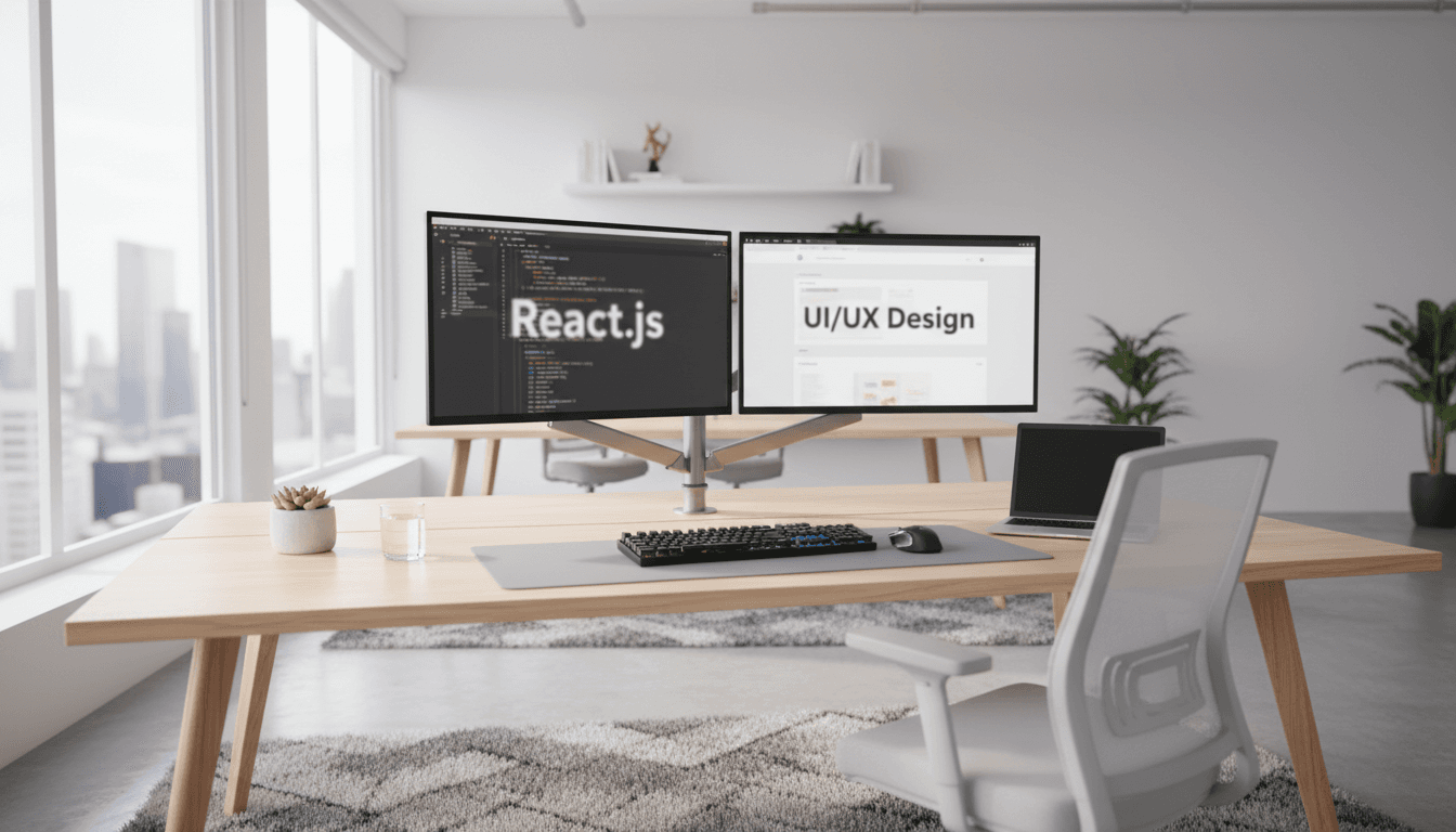 Modern desk with dual monitors and web development setup in a bright office