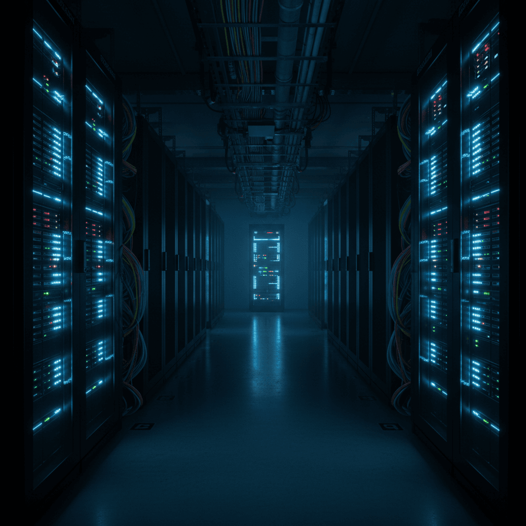 Server racks in data center aisle