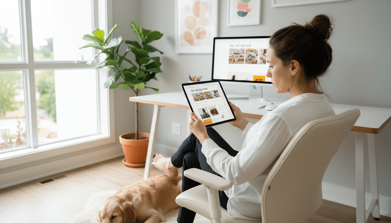 Small business owner reviewing their website on a tablet in a home office setting