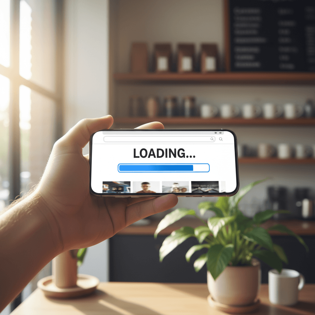 A hand holding a smartphone showing a website loading quickly with a progress bar nearly full