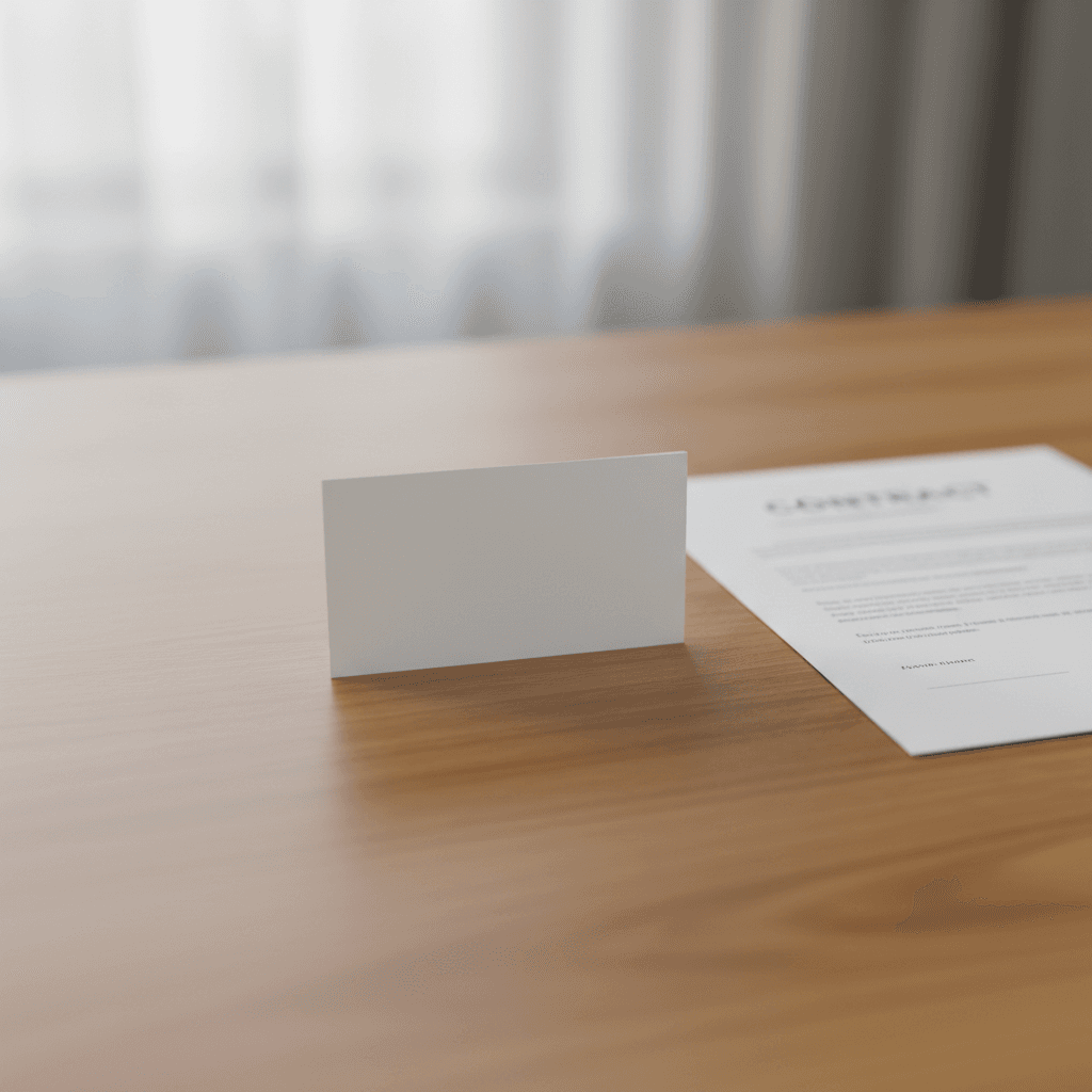 Business card and a folded contract on a wooden table in soft natural light