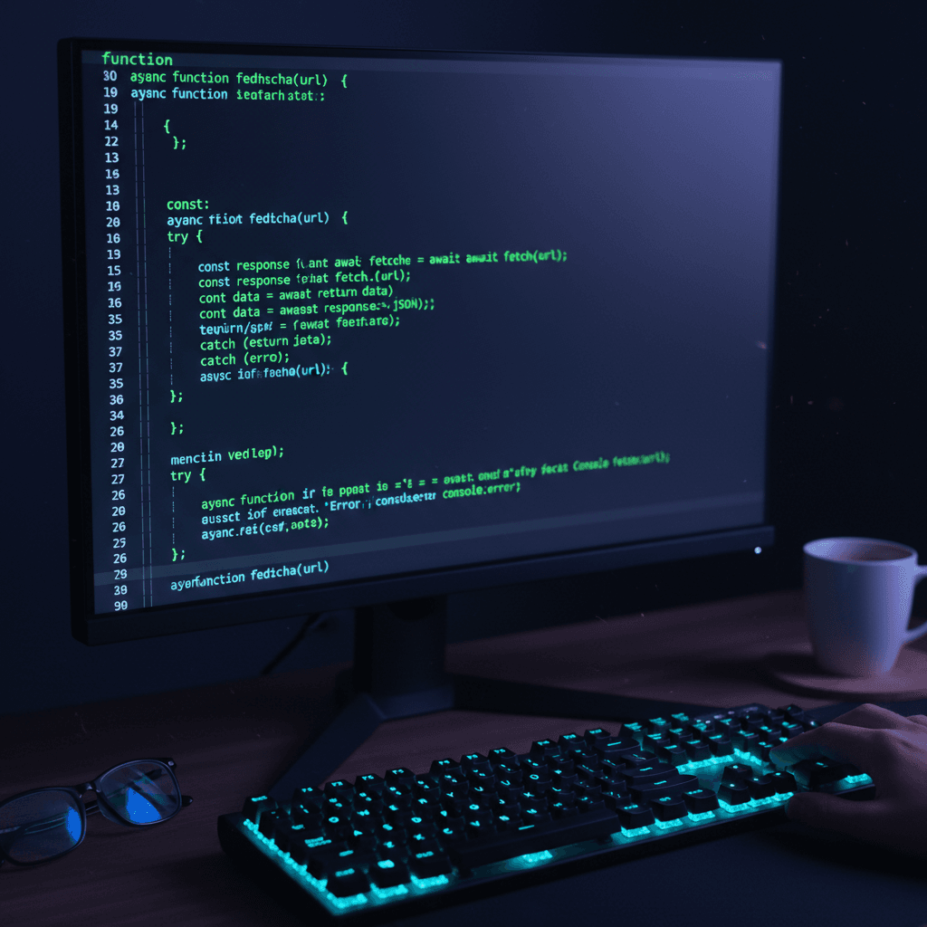 Computer screen showing backend code on a dark desk