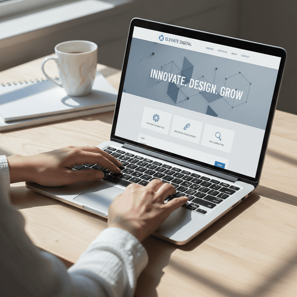 Web designer's hands typing on laptop displaying professional service business website with responsive design