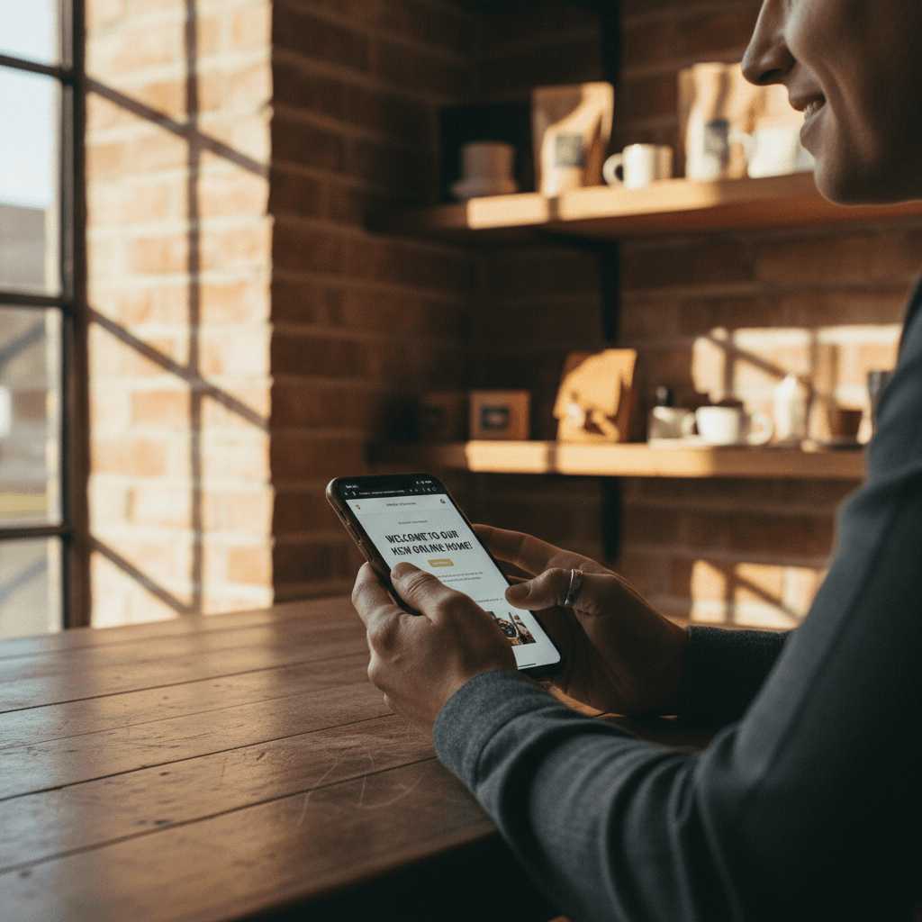 Small business owner's hands holding a smartphone with a search result showing their business