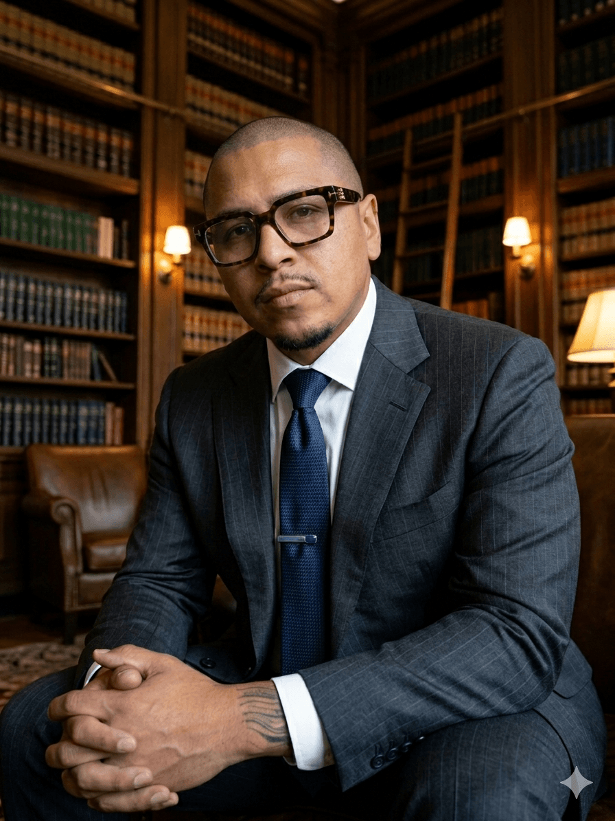 Man in a pinstripe suit and glasses sits before floor-to-ceiling bookshelves in a library.