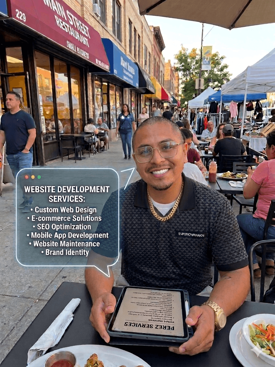 Smiling man at outdoor restaurant holding tablet with digital overlay listing website development services.