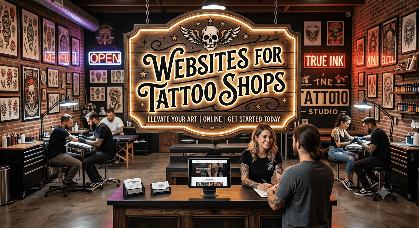 Ornate wooden sign for tattoo shop websites hanging in a busy, professional tattoo studio.