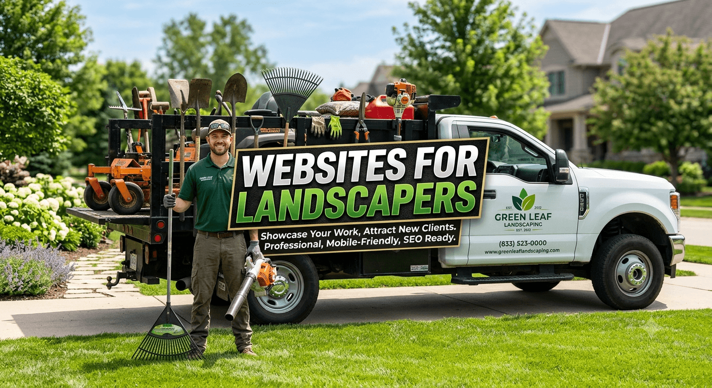 Professional landscaper standing by a loaded work truck with "Websites for Landscapers" text overlay.
