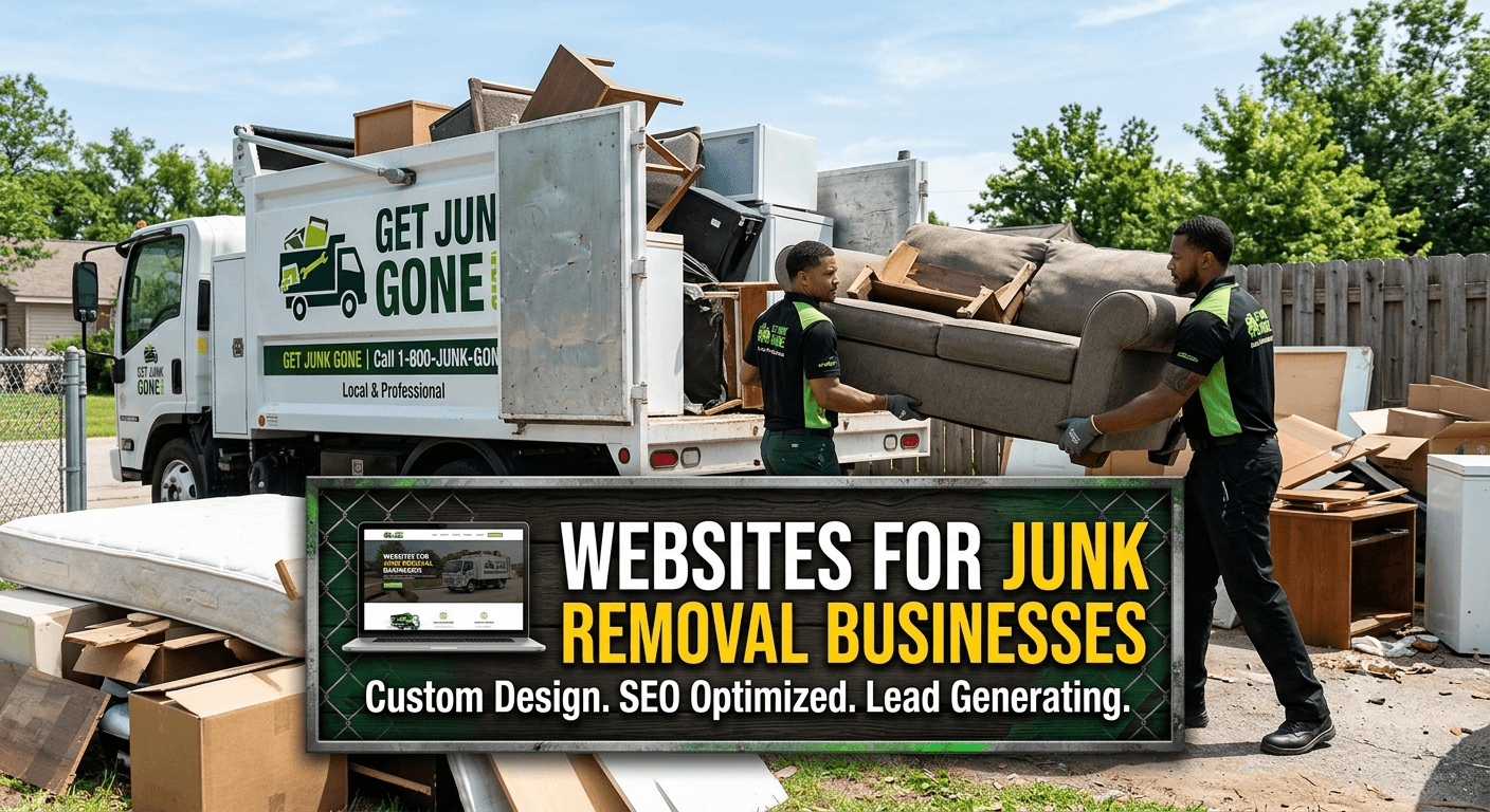 Two men loading a sofa into a junk removal truck with a website design advertisement.