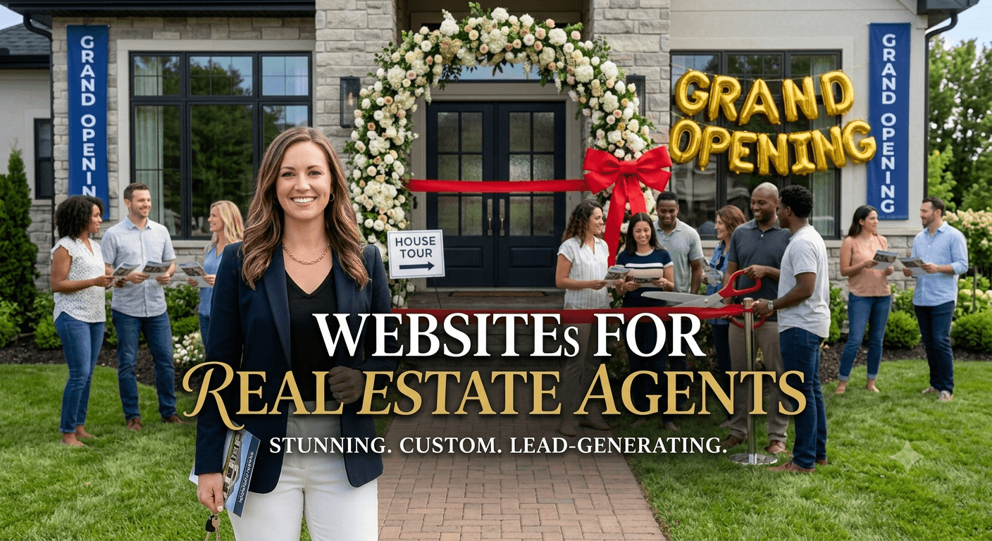 Smiling real estate agent stands before a house grand opening with a ribbon-cutting ceremony.