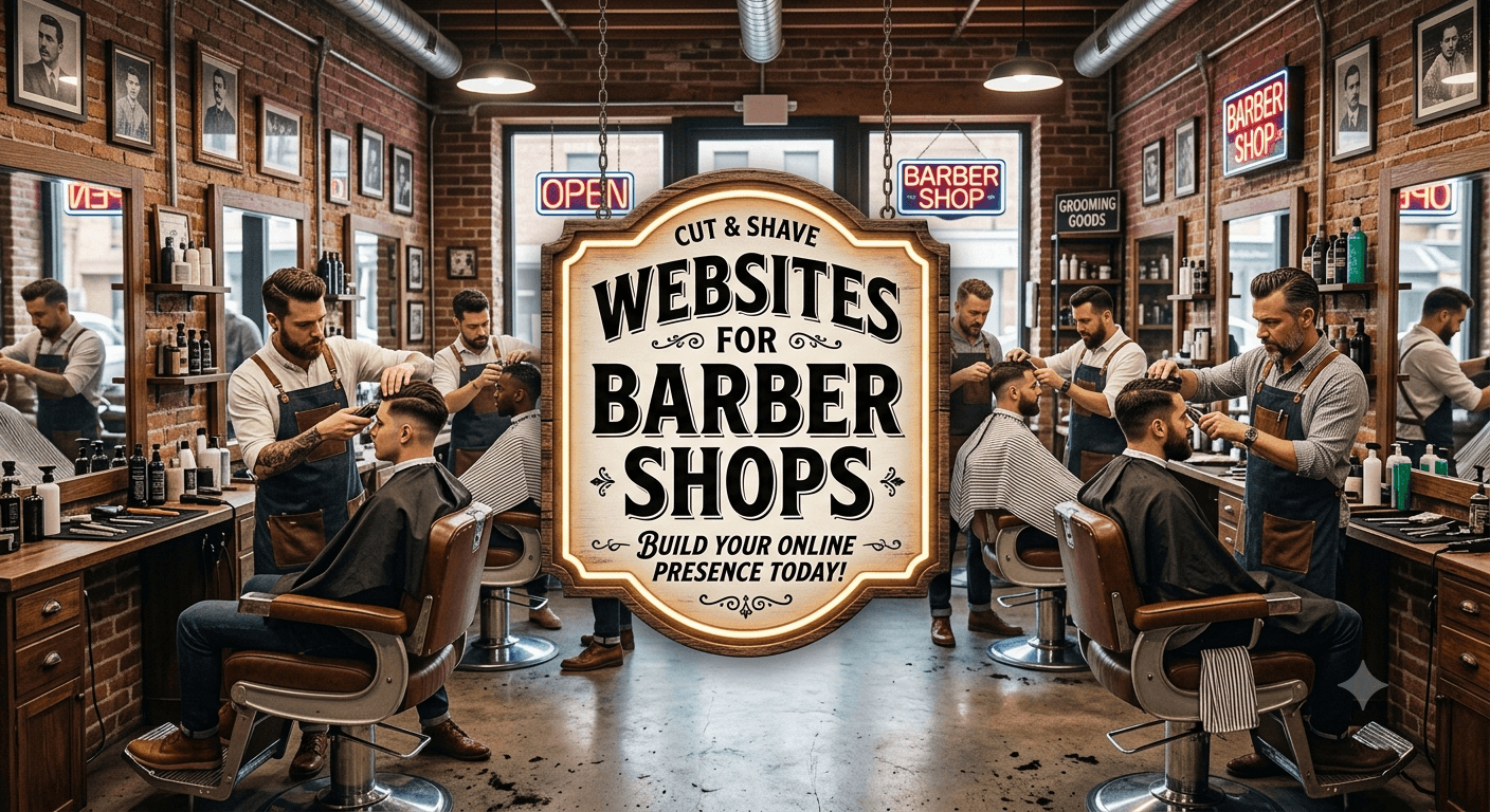 Busy vintage barbershop interior with a central sign advertising professional website services for barber shops.