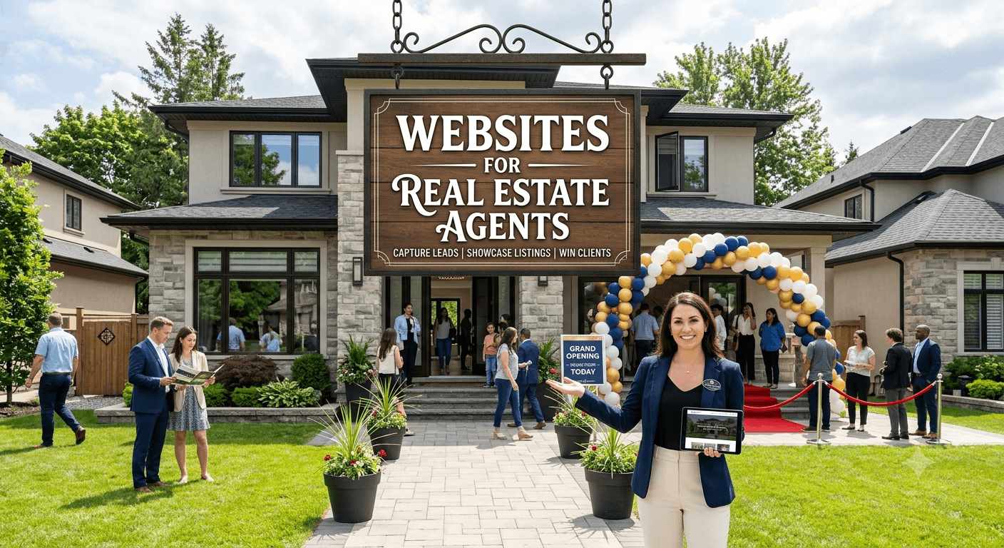 Real estate agent holding a tablet before a luxury home with a large promotional sign.