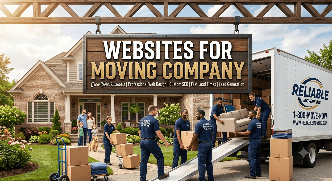 Movers loading a truck at a house with a 'Websites for Moving Company' advertisement.