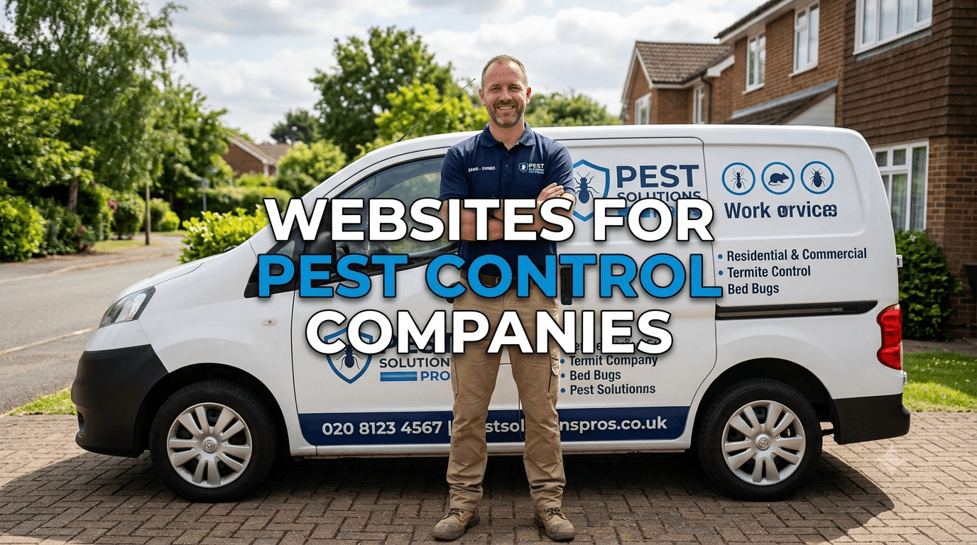 Smiling pest control technician stands before a branded van with text about pest control websites.