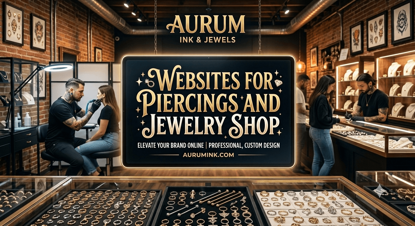 Promotional graphic for piercing and jewelry shop websites featuring a professional studio and jewelry displays.