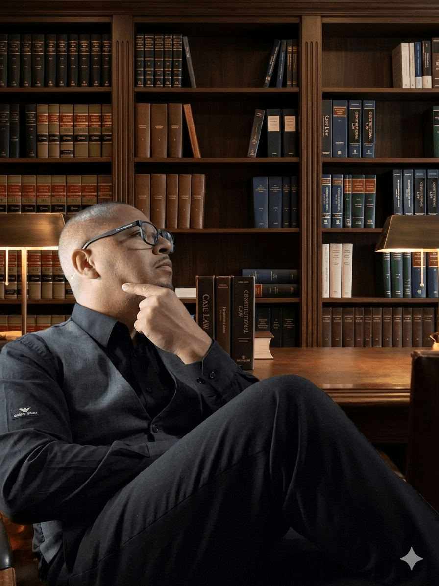Man in glasses sits thoughtfully in a library with shelves of law and case books.