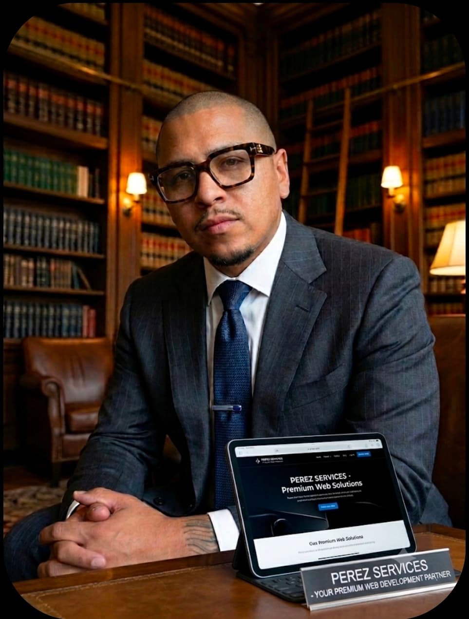 Man in a suit and glasses sits in a library with a Perez Services tablet.