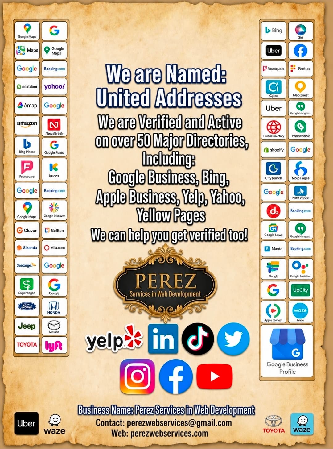 Perez Services advertisement for business verification featuring logos of over fifty major online directories.