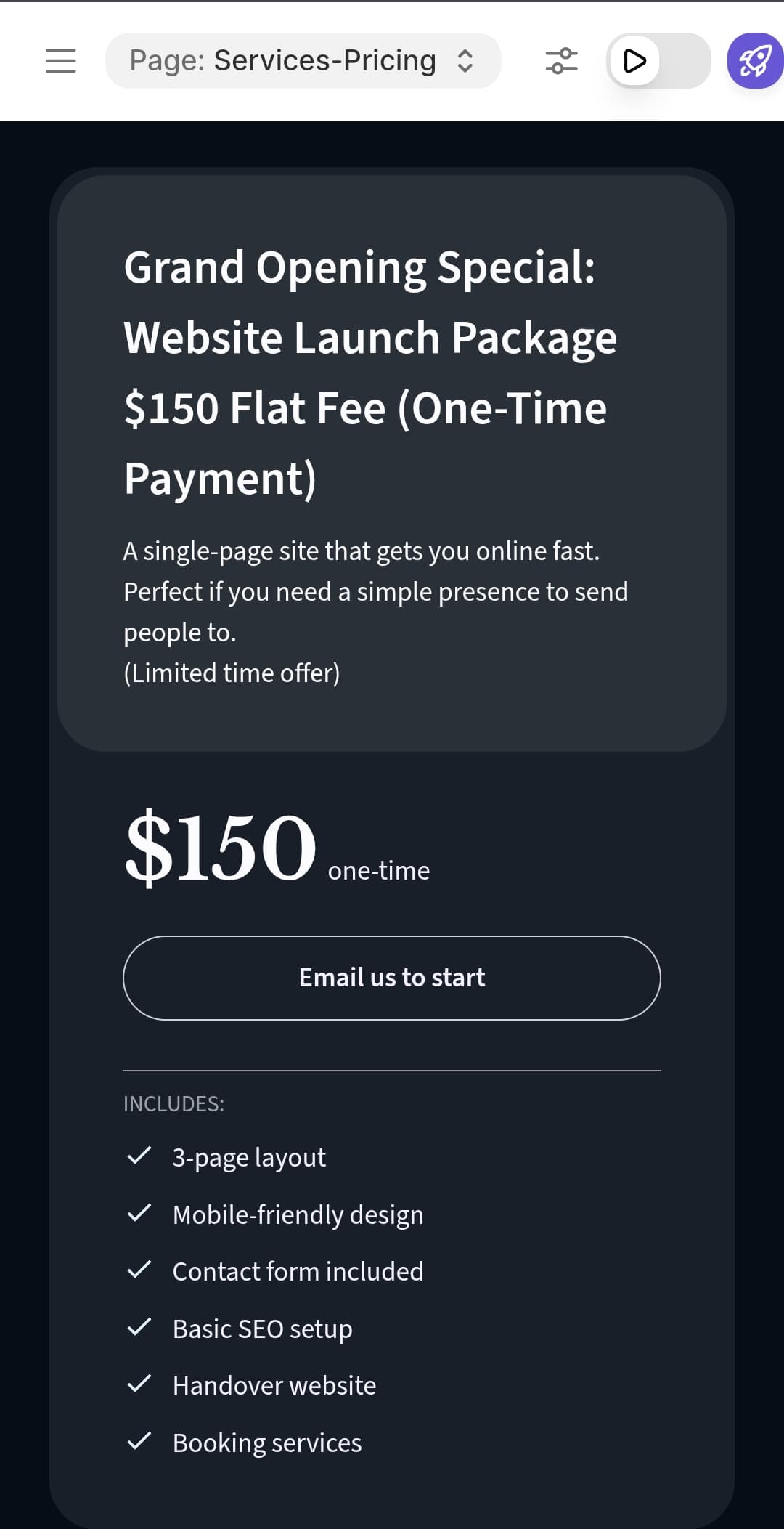 Website launch package promotional card offering a $150 flat fee for design and SEO services.