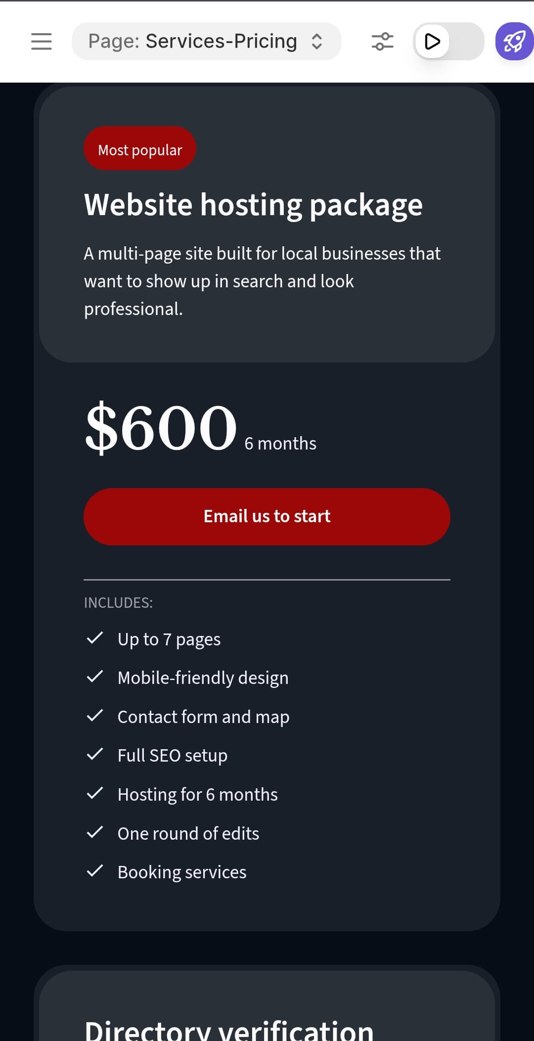 Website hosting package pricing card for $600 including SEO, mobile design, and booking services.